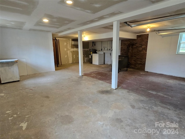 basement featuring a wood stove