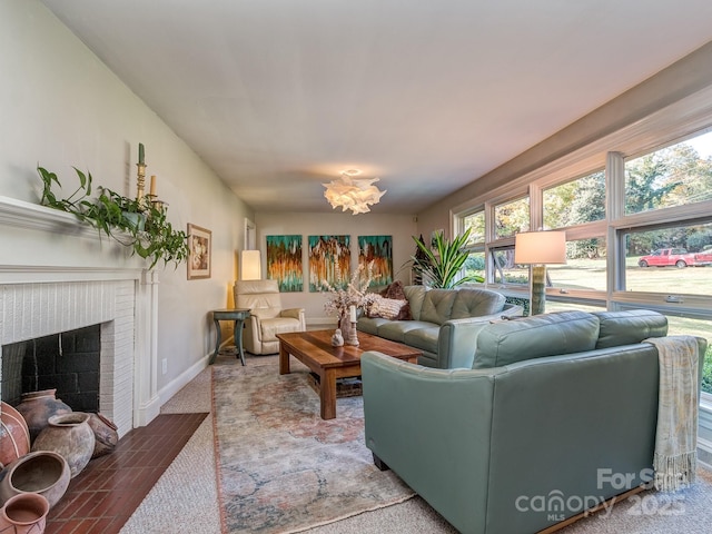 living room featuring a fireplace