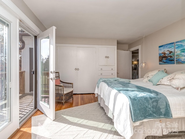 bedroom with a closet, french doors, access to outside, and light hardwood / wood-style flooring