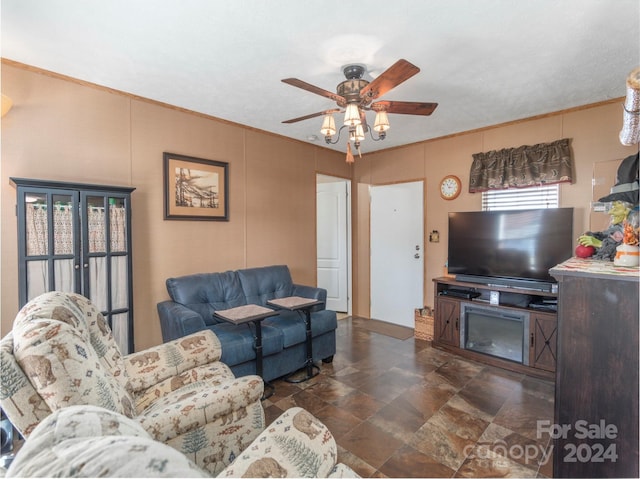 living room featuring ceiling fan