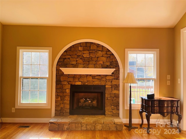 living room with wood-type flooring, a stone fireplace, and plenty of natural light