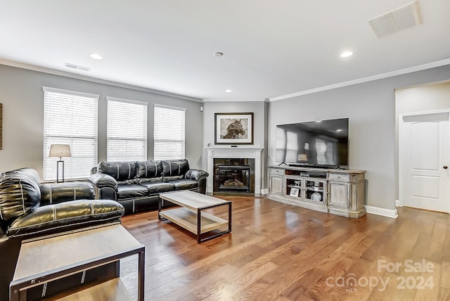 living room featuring hardwood / wood-style floors and crown molding