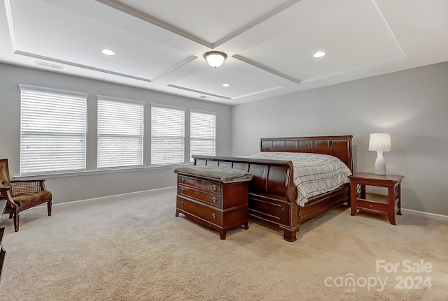 bedroom with light colored carpet