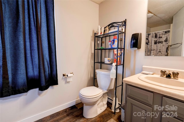 bathroom with toilet, vanity, wood-type flooring, and a shower with shower curtain