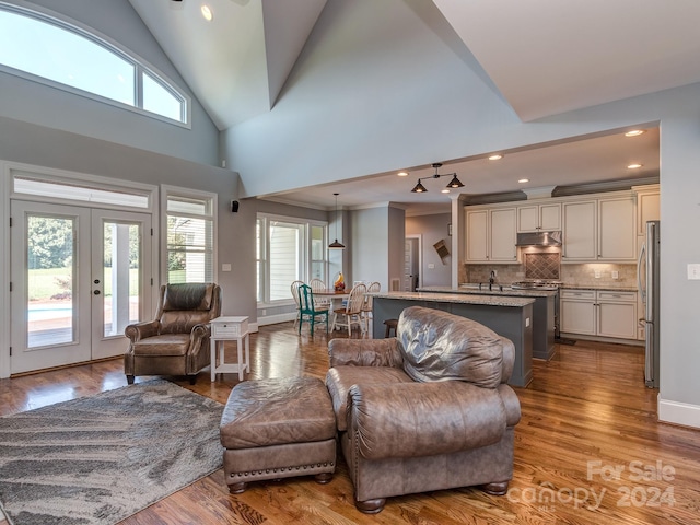 living room with light hardwood / wood-style flooring, french doors, and high vaulted ceiling