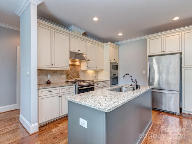 kitchen featuring light stone countertops, a kitchen island with sink, light hardwood / wood-style flooring, sink, and stainless steel appliances