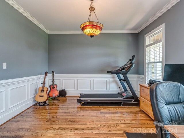 exercise room featuring light hardwood / wood-style flooring and ornamental molding