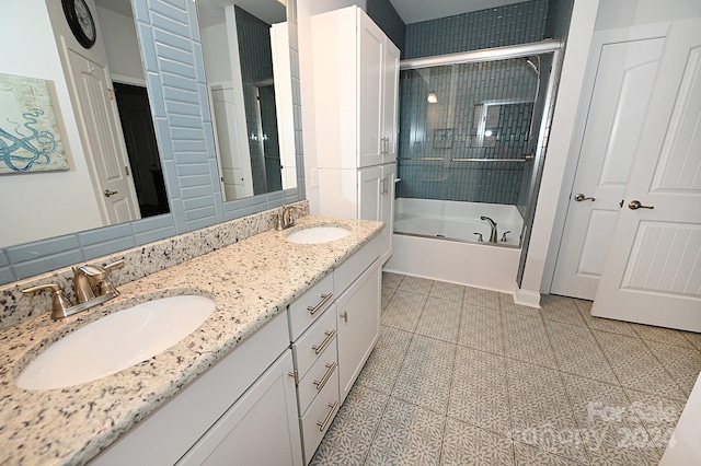 bathroom featuring vanity, independent shower and bath, and tile patterned flooring