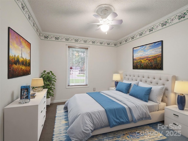 bedroom with crown molding, ceiling fan, and a textured ceiling