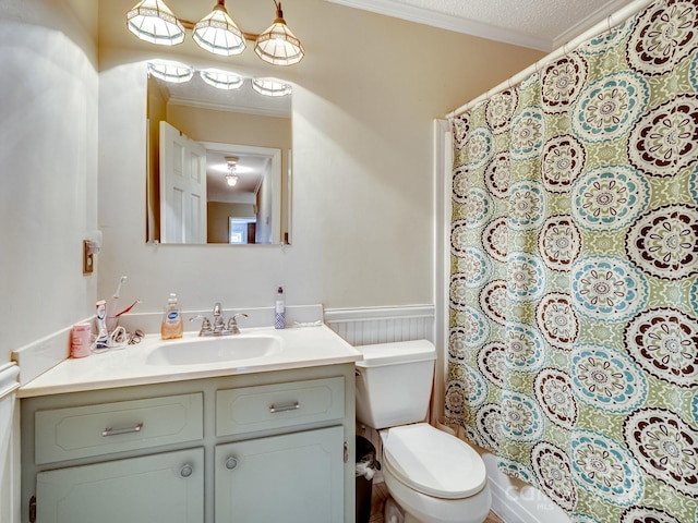 full bathroom with shower / bath combo, vanity, ornamental molding, a textured ceiling, and toilet