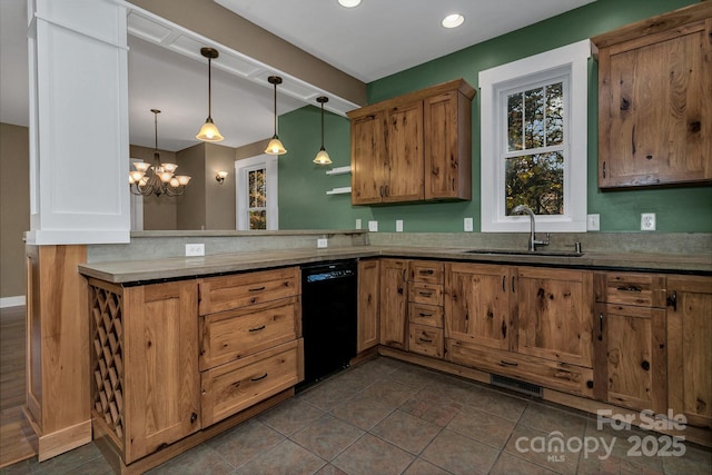 kitchen with a sink, a notable chandelier, black dishwasher, brown cabinetry, and decorative light fixtures