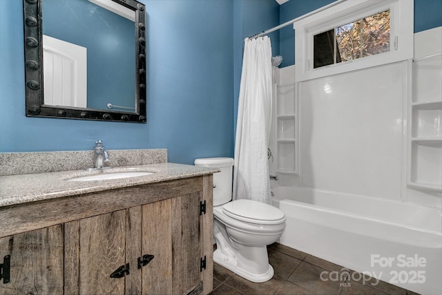 bathroom with tile patterned flooring, shower / bath combo with shower curtain, toilet, and vanity