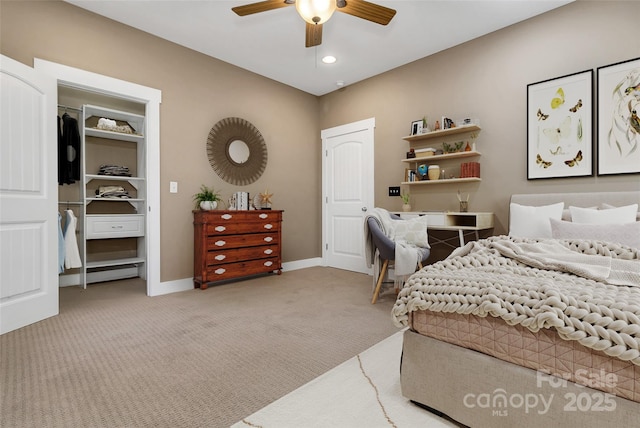 carpeted bedroom featuring a ceiling fan, baseboards, recessed lighting, and a closet
