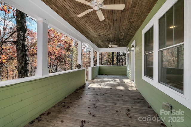 wooden deck featuring ceiling fan and covered porch