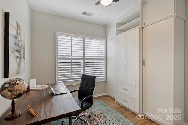 office area featuring ceiling fan and light wood-type flooring