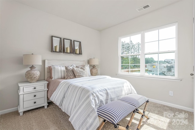 bedroom featuring light colored carpet