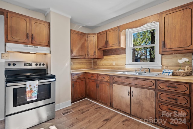 kitchen with tasteful backsplash, stainless steel electric range oven, sink, and light wood-type flooring