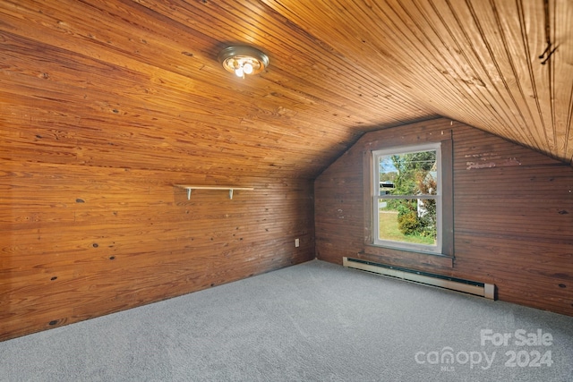 bonus room featuring carpet flooring, wooden walls, a baseboard heating unit, wooden ceiling, and lofted ceiling