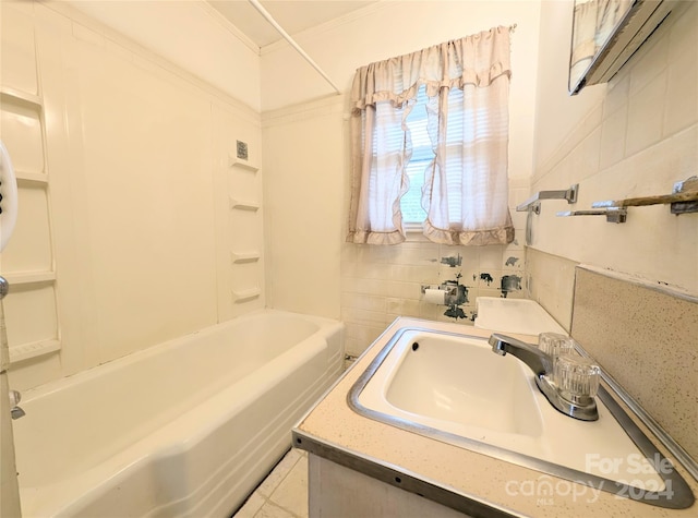 bathroom with vanity, shower / washtub combination, and ornamental molding