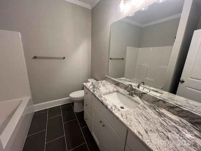 full bathroom with separate shower and tub, toilet, vanity, crown molding, and tile patterned floors