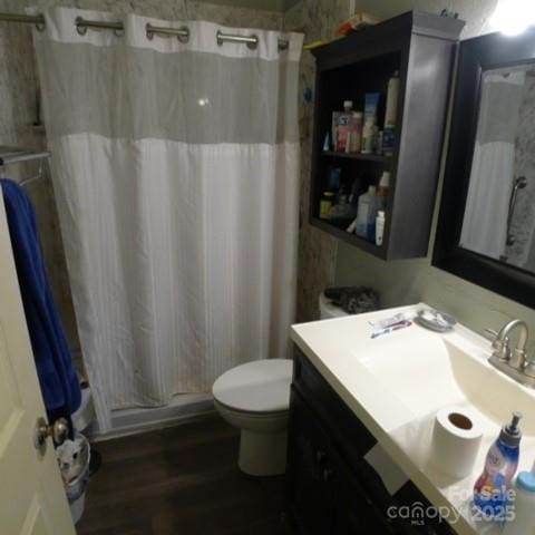 bathroom featuring toilet, wood-type flooring, vanity, and a shower with shower curtain