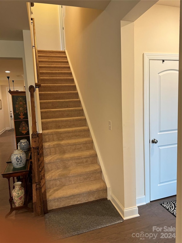 stairway with hardwood / wood-style flooring