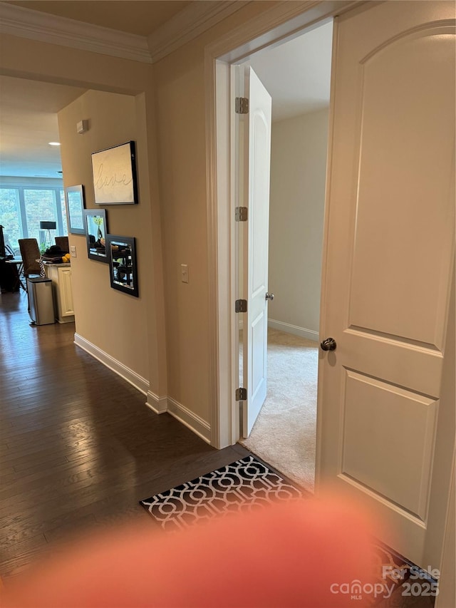 hallway featuring baseboards, ornamental molding, and dark wood finished floors