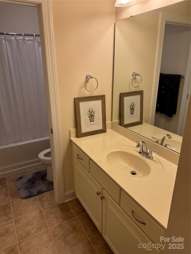 full bath with toilet, vanity, tile patterned flooring, and shower / bathtub combination with curtain