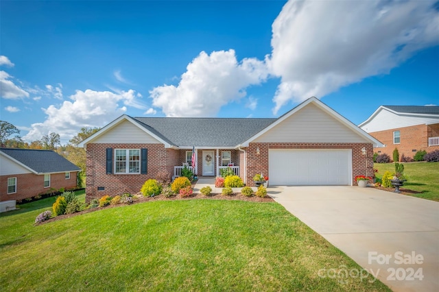 single story home featuring a front yard, a garage, and a porch