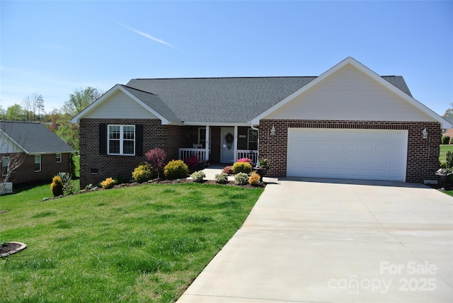 128 Augusta Dr, Spindale, NC 28160 - ranch-style home featuring covered porch, concrete driveway, an attached garage, brick siding, and a front lawn