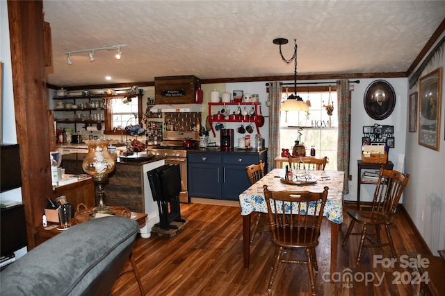 dining area featuring bar area, crown molding, dark wood-type flooring, and a textured ceiling