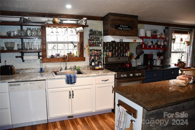 kitchen with gas range, sink, white dishwasher, white cabinets, and exhaust hood