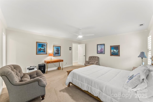 bedroom with crown molding, light colored carpet, and ceiling fan