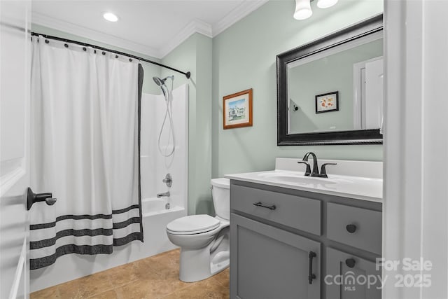 full bathroom with toilet, tile patterned flooring, ornamental molding, shower / bath combo, and vanity