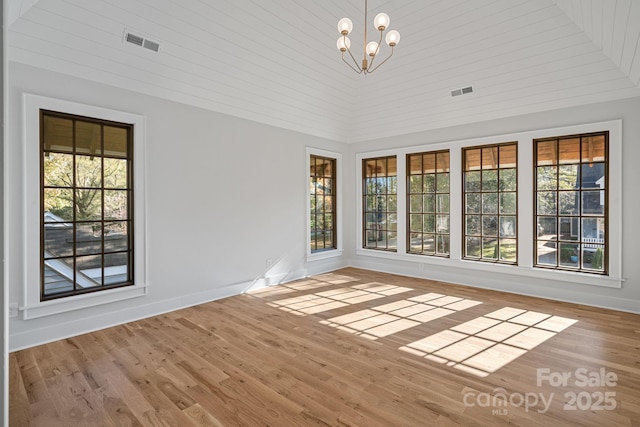 interior space with high vaulted ceiling, wood ceiling, a notable chandelier, and light wood-type flooring