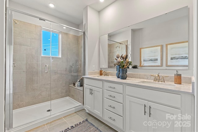 bathroom with tile patterned flooring, vanity, and a shower with door