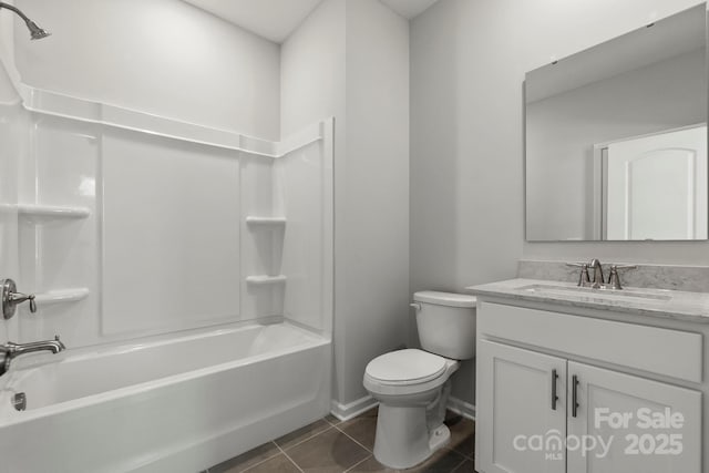 full bathroom featuring shower / tub combination, tile patterned flooring, vanity, and toilet