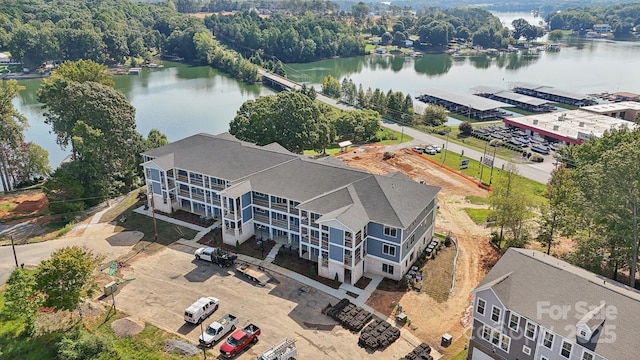 bird's eye view with a water view