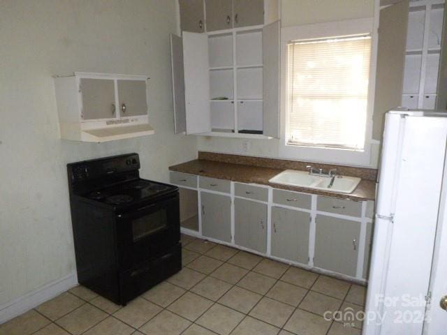 kitchen with sink, white refrigerator, white cabinetry, black electric range oven, and range hood