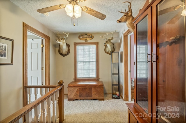 hallway featuring a textured ceiling and light colored carpet