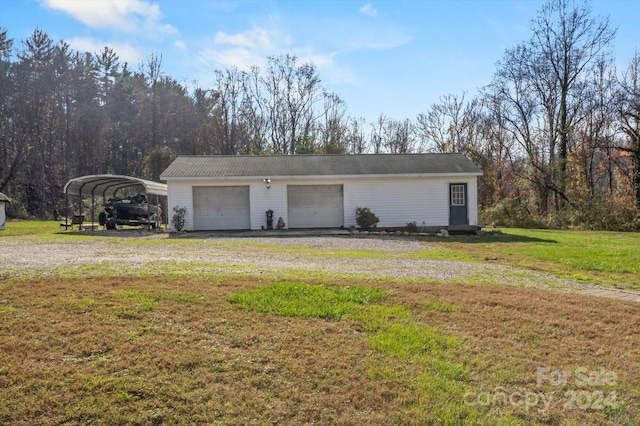 garage featuring a lawn and a carport