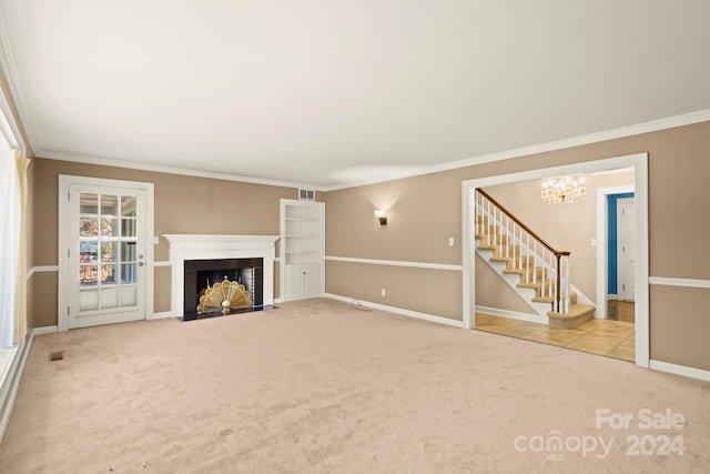 unfurnished living room with light carpet, crown molding, and an inviting chandelier