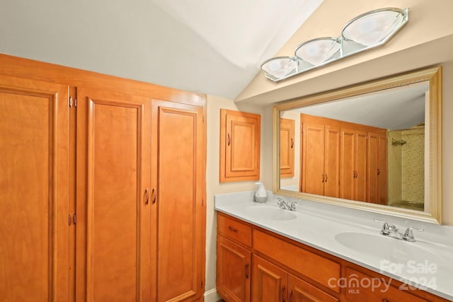 bathroom featuring vanity and vaulted ceiling