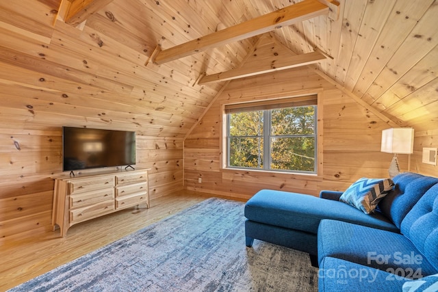 living room featuring wood ceiling, wood walls, wood-type flooring, and vaulted ceiling with beams