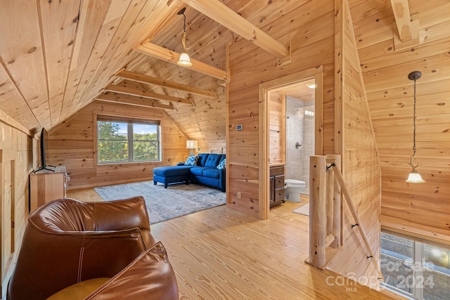 sitting room featuring light hardwood / wood-style flooring, wood walls, lofted ceiling with beams, and wood ceiling