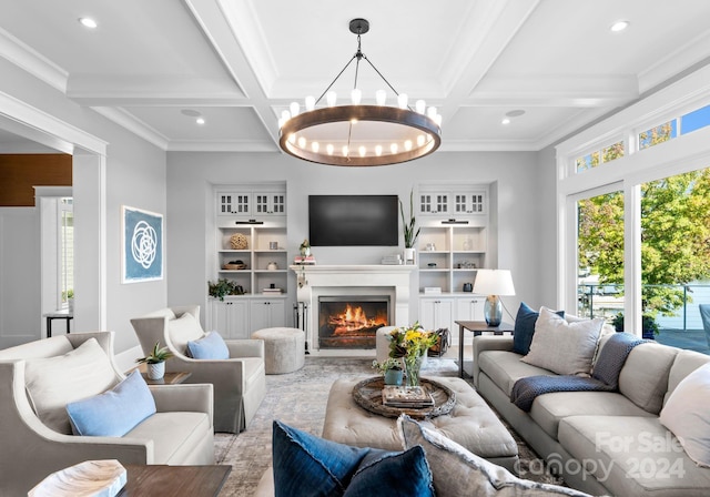 living room with a chandelier, beam ceiling, crown molding, and coffered ceiling