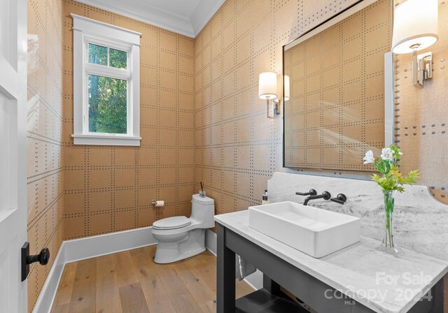 bathroom with toilet, hardwood / wood-style floors, vanity, and ornamental molding