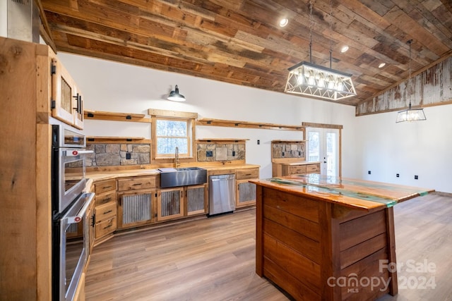 486 Hunter-Lysik Way, Laurel Springs, NC 28644 - kitchen with a sink, wood counters, stainless steel appliances, wooden ceiling, and open shelves