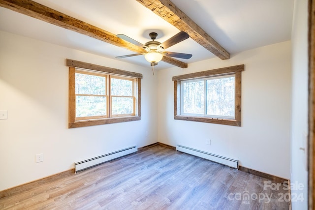 486 Hunter-Lysik Way, Laurel Springs, NC 28644 - empty room with a baseboard radiator, beam ceiling, wood finished floors, and a ceiling fan