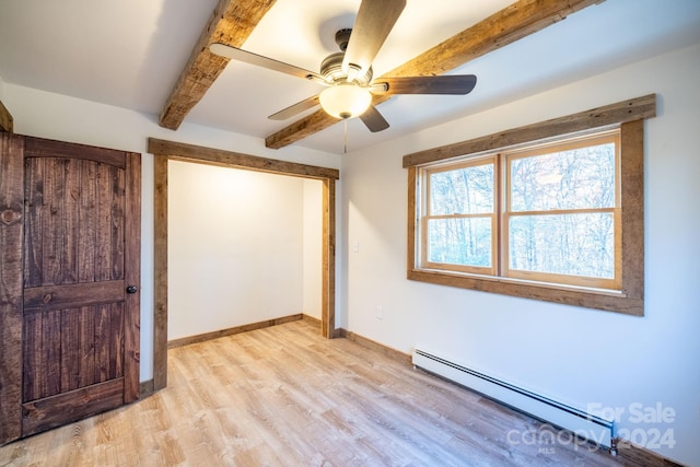 486 Hunter-Lysik Way, Laurel Springs, NC 28644 - unfurnished bedroom featuring a baseboard radiator, beam ceiling, light wood-style floors, baseboards, and a ceiling fan